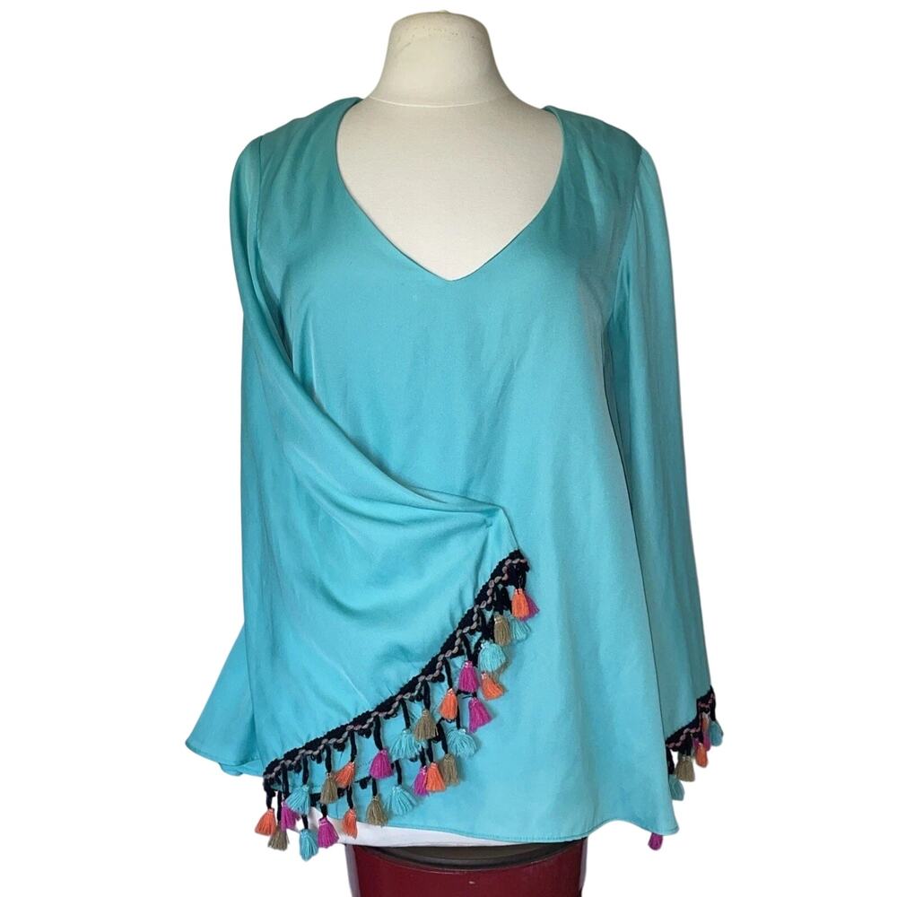 Judith March Top Womens Large Bell Sleeve Boho Pom Pom Fringe V-neck